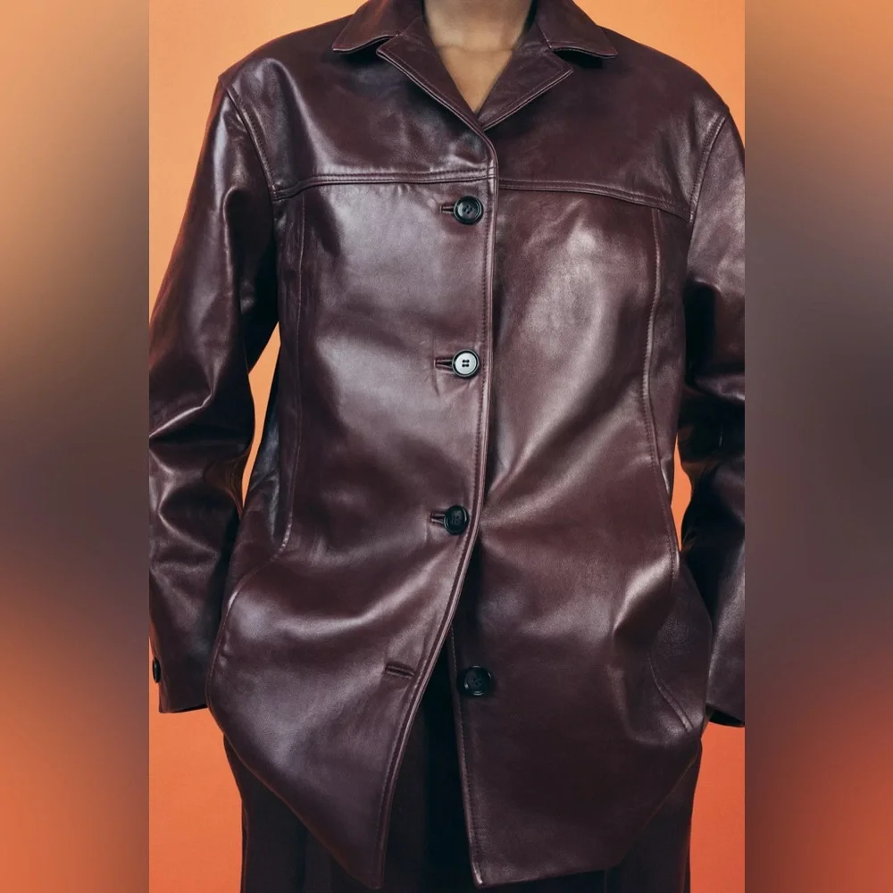 ZARA $349 100% Sheep Leather Burgundy Button Down Womens Jacket M